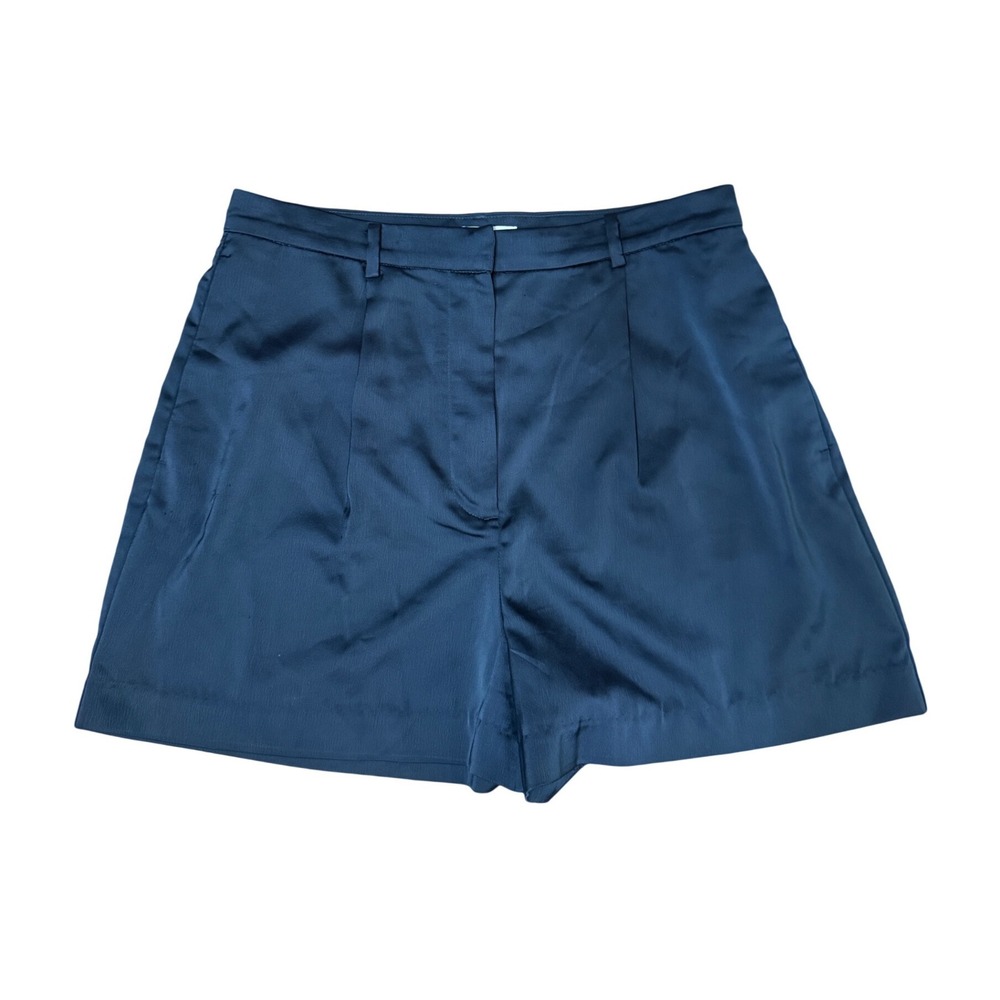H&M Satin Pleated Shorts Women 10 Navy Blue Excellent High Rise Dressy